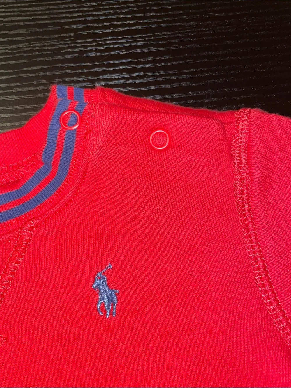 Ralph Lauren Red Crewneck Baby Sweatshirt with Blue Pony Accent